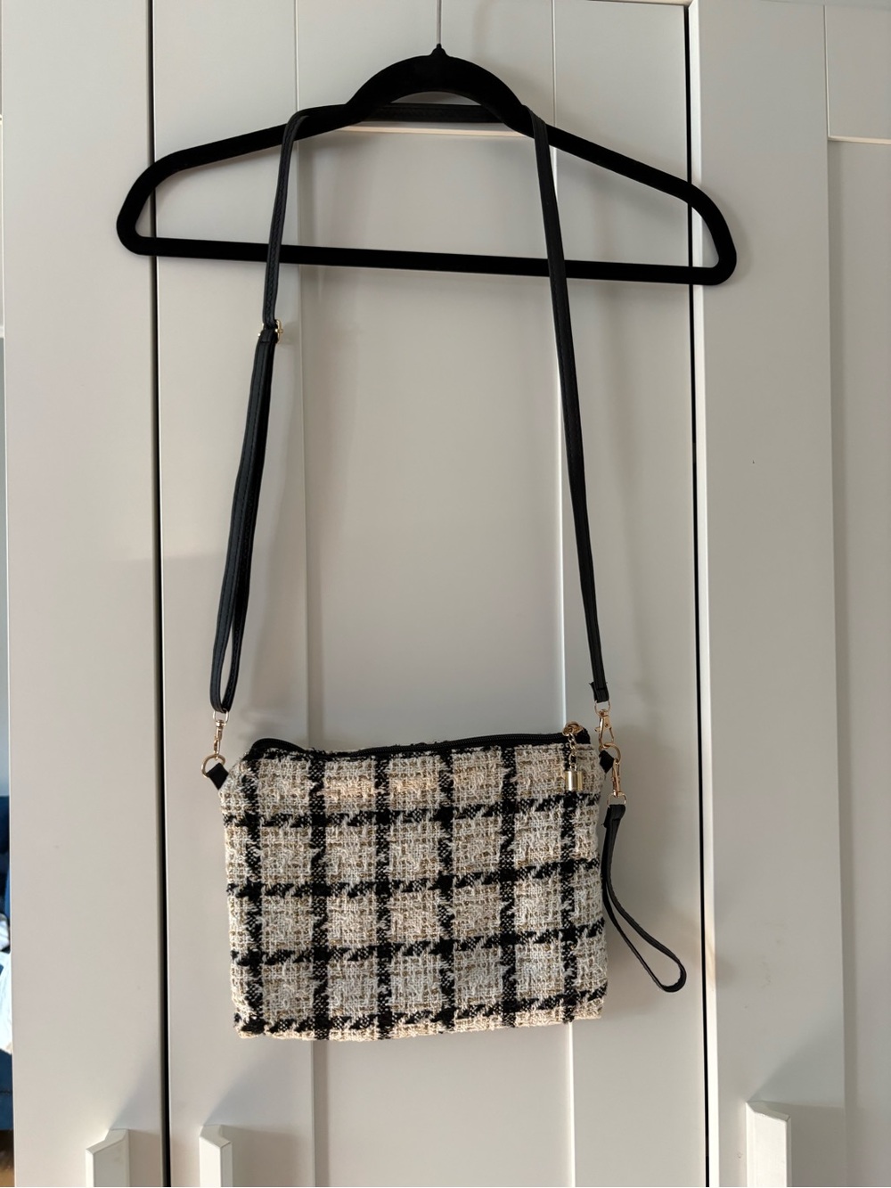 Tweed Crossbody Bag with Black Strap